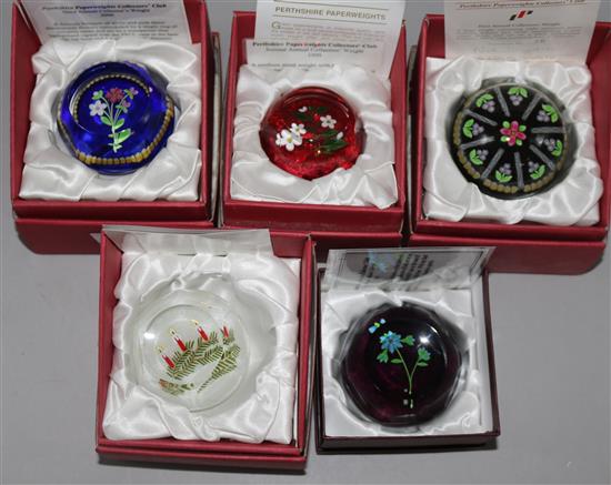 Five Perthshire glass paperweights;